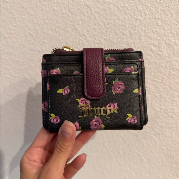 Juicy Couture Handbags - Juicy Couture Black Floral Card Wallet with Plum Strap and Gold Logo